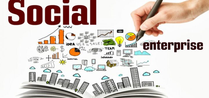 Відкрита книга, на її сторінках "виростають" великі будинки, над ними - різноманітні графіки та діаграми. Зверху напис "Social enterprise"