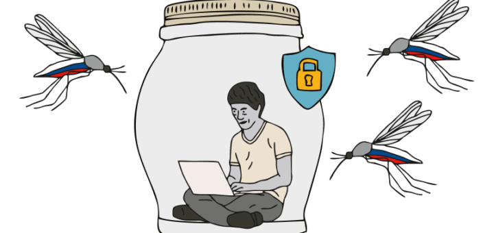 людина в банці за ноутбуком, біля банки - комарі з прапором рф на них