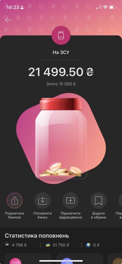 на чорно-рожевому фоні намальована банка з монетками, зверху напис :На ЗСУ", нижче - сума 21499,50, нижче напис "знято 15050"