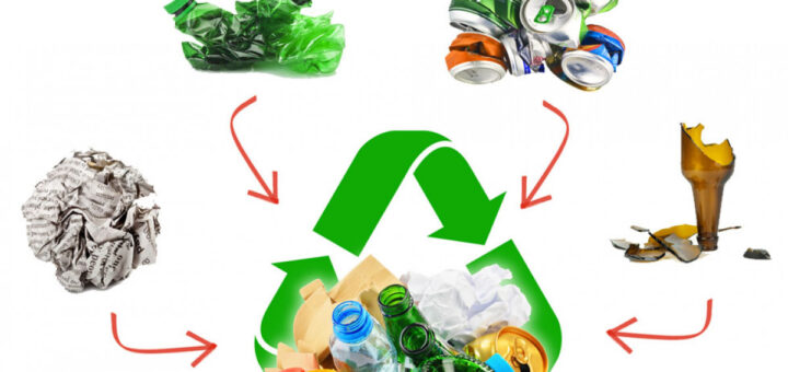 На білому фоні зображене умовне сміття: папір, пластикові та скляні пляшки, металеві банки; від них - стрілки у центр, де в зеленому знаку відновлення та переробки відходів знаходяться вже цілі папір, бляшки та залізні консервні банки
