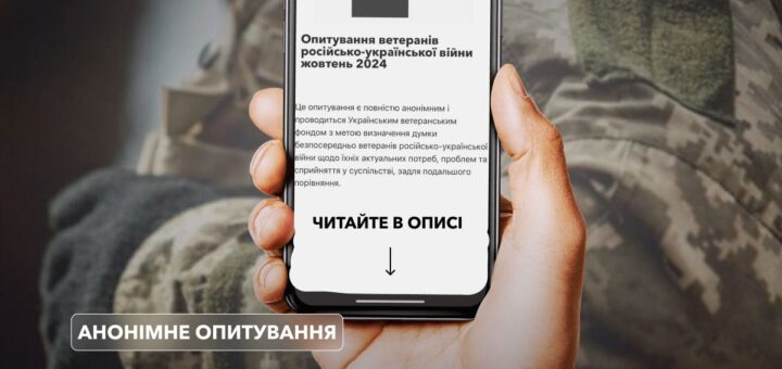 Військовий тримає мобільний телефон, нижче - напис: Анонімне опитування Актуальні потреби ветеранів та ветеранок російсько- української війни