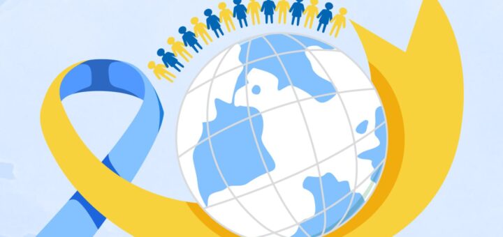 Глобус, обгорнутий жовто-блакитною стрічкою, на тлі якого зображено ряд фігур людей у жовтому та синьому кольорах, що символізують єдність. У верхньому правому куті логотип Вищої школи публічного управління