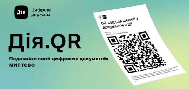 на блакитно-зеленому фоні напис Дія.QR поруч - приклад QR-коду на білому папері