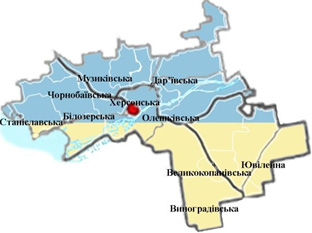 Карта Херсонського району в жовто-блакитному кольорі - до початку війни