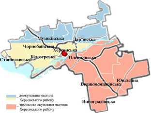 Карта Херсонського району: у жовто-блакитному кольорі деокупована частина Херсонського району, червоним кольором - окупована (лівобережна) частина