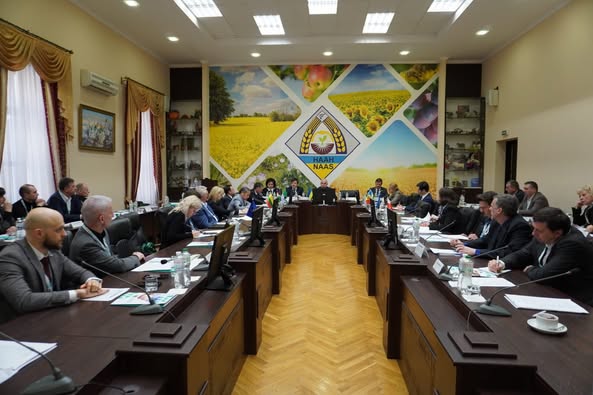 Фотографія великої освітленої кімнати, у якій проходить формальна зустріч або конференція. У кімнаті розташовані довгі столи у формі літери U, навколо яких сидять учасники. На столах перед кожним учасником лежать документи, блокноти та стоять пляшки з водою. На столах також встановлено кілька комп’ютерних моніторів. Стіни кімнати прикрашені великими муралами, які зображують сільськогосподарські сцени з полями, врожаєм і фруктами. В центрі одного муралу розташований логотип із написом "НААН" (NAAS) та стилізованим зображенням колоска пшениці. Кімната має високі стелі з вбудованим освітленням, а з одного боку є великі вікна із шторами. Учасники виглядають зосередженими на обговоренні