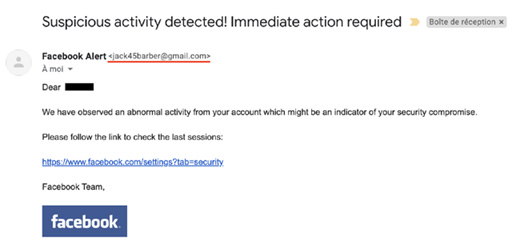 На зображенні показано електронний лист із темою «Виявлено підозрілу активність! Терміново потрібна дія.» Лист виглядає так, ніби його надіслано від «Facebook Alert», але електронна адреса відправника – «jack54barber@gmail.com», що вже викликає підозри. У листі звертаються до отримувача як «Dear [редаговано]» і повідомляють, що було помічено аномальну активність, яка може свідчити про компрометацію облікового запису. Для перевірки останніх сеансів автори листа пропонують перейти за посиланням: «https://www.facebook.com/settings?tab=security». Лист підписано «Facebook Team» і внизу розміщено логотип Facebook. Це може бути фішинговий лист, який намагається викрасти дані користувача. Варто бути обережним і не переходити за підозрілими посиланнями! Якщо виникли сумніви щодо безпеки облікового запису, краще самостійно увійти у налаштування Facebook, а не використовувати посилання з листа.
