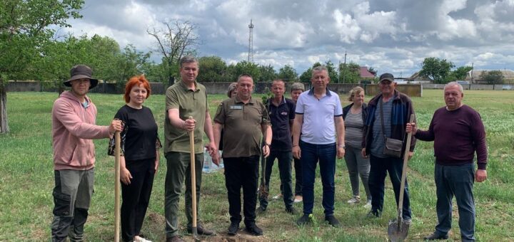 Група людей бере участь у заході з висадження саджанців лип. Вони стоять на трав'янистій ділянці, тримаючи лопати. Навколо—дерева, будівлі та хмарне небо