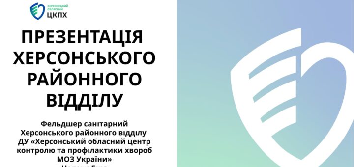 Презентаційний слайд Херсонського районного відділу Центру контролю та профілактики хвороб. Ліворуч — текст із назвою презентації й ім’ям фельдшерки Наталі Білої. Праворуч — логотип у вигляді щита з серцем на синьо-зеленому тлі.