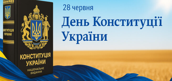 Обкладинка книги “Конституція України” із гербом України. На тлі — блакитне небо й жовте пшеничне поле, символи державного прапора. Напис: “28 червня — День Конституції України”