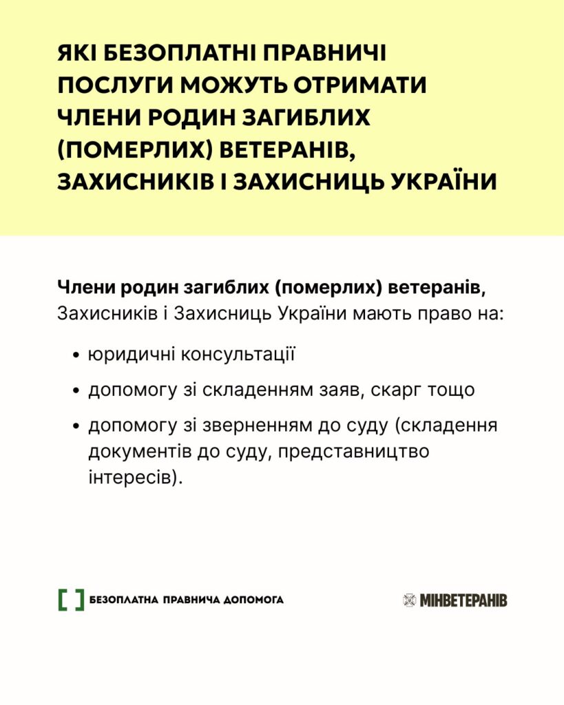 Кожен ветеран і ветеранка, їхні рідні та сім’ї полеглих Захисників і Захисниць мають право на безоплатну правову допомогу від держави.