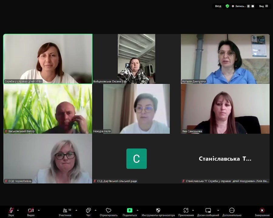 На знімку екрана — вікно Zoom-зустрічі з дев’ятьма учасниками. Кожен учасник відображений у окремому відеовікні з підписом імені чи назви установи. Серед них: Служба у справах дітей ХРБА, Войцеховська Оксана, Наталія Дмитрівна, Васковський Віктор, ССД Чорнобаївка та інші. У нижній частині екрана видно стандартну панель керування Zoom: мікрофон, камера, чат, демонстрація екрана тощо. Це зображення відображає перебіг онлайн-наради у форматі відеоконференції.