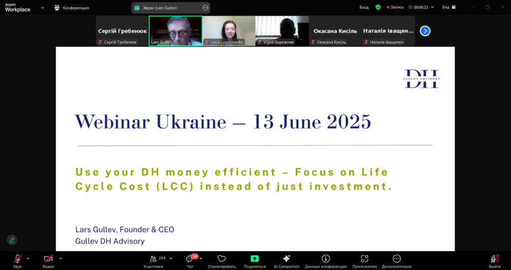 На зображенні — титульний слайд вебінару в Zoom із написом: "Use your DH money efficient – Focus on Life Cycle Cost (LCC) instead of just investment." Виступає Lars Gullev, засновник Gullev DH Advisory. Заклик — використовувати кошти на теплопостачання з урахуванням повного життєвого циклу витрат.