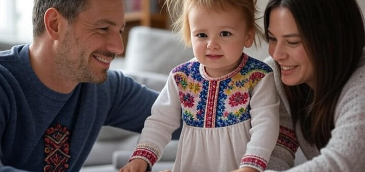 Двоє дорослих і дитина разом розглядають книгу, стоячи біля столу. Дитина в вишитій сукні спирається на стіл, а дорослі допомагають із читанням. Фон — книжкова полиця та настінні прикраси. Атмосфера тепла, схожа на родинне навчання.