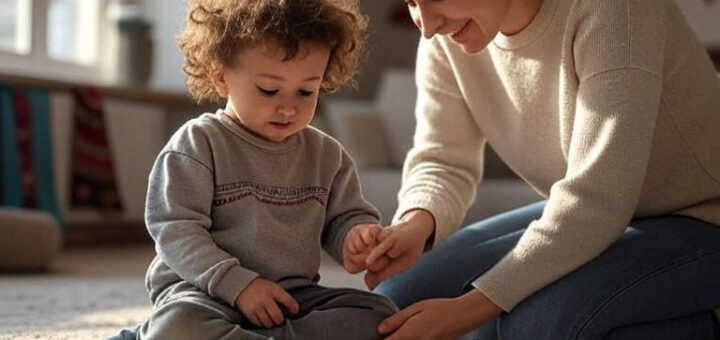 Дитина сидить на підлозі та розглядає аркуш із яскравими малюнками. Поруч — дорослий, що допомагає в занятті, тримаючи дитину за руку. Обстановка домашня, атмосфера спокійна й тепла — момент спільної гри або навчання.