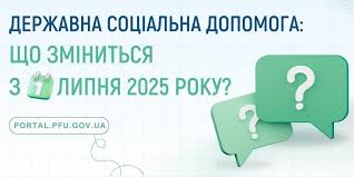 Інформаційне повідомлення українською мовою. У верхній частині — заголовок «ДЕРЖАВНА СОЦІАЛЬНА ДОПОМОГА: ЩО ЗМІНИТЬСЯ З ЛИПНЯ 2025 РОКУ?». Нижче — інтернет-адреса PORTAL.PFU.GOV.UA. Праворуч — графічні елементи: календар з числом 2025 та дві піктограми у формі бульбашок з запитаннями.