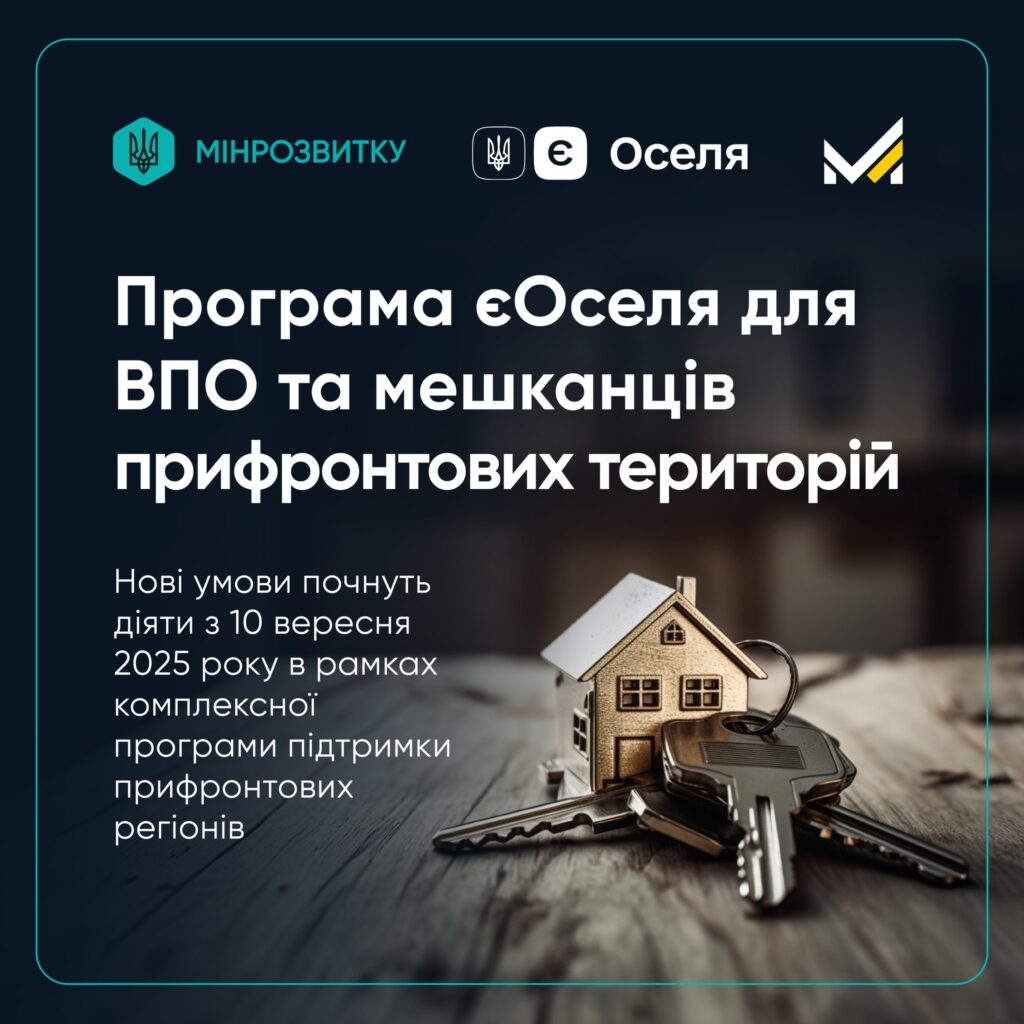 єОселя для ВПО та прифронтових громадЗ 10 вересня оновлено програму: держава покриватиме до 70% першого внеску й платежів у перший рік, а також до 40 тис. грн на оформлення іпотеки.