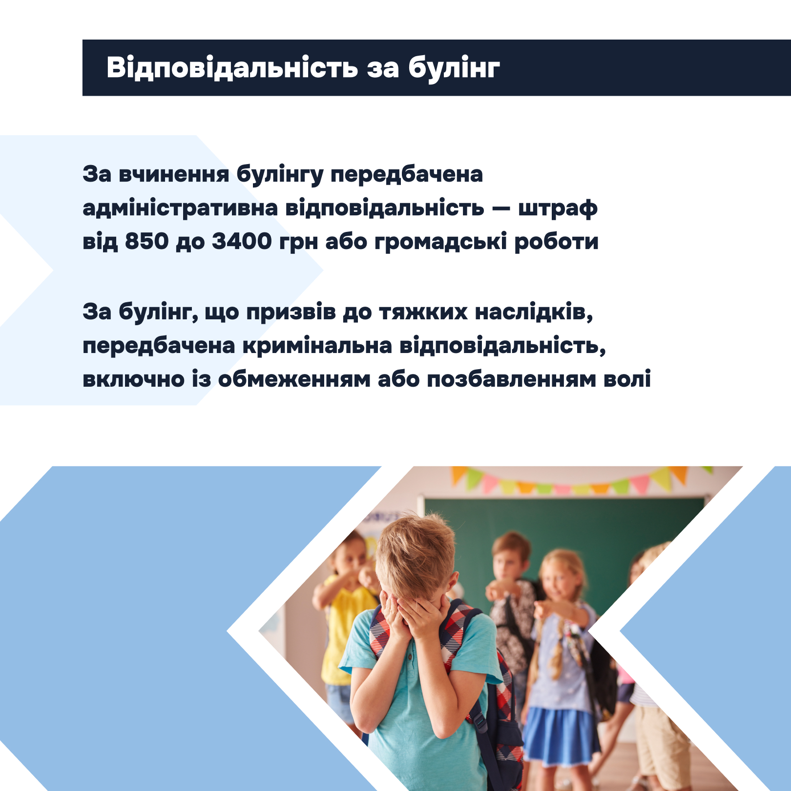Заклади освіти мають забезпечувати безпечне середовище, запобігати насильству та дискримінації, своєчасно реагувати на випадки булінгу і надавати підтримку постраждалим. Порядок реагування передбачає, що працівники закладу освіти зобов’язані негайно припиняти небезпечні дії, у разі потреби викликати медичну допомогу, повідомляти керівництво, батьків та поліцію.