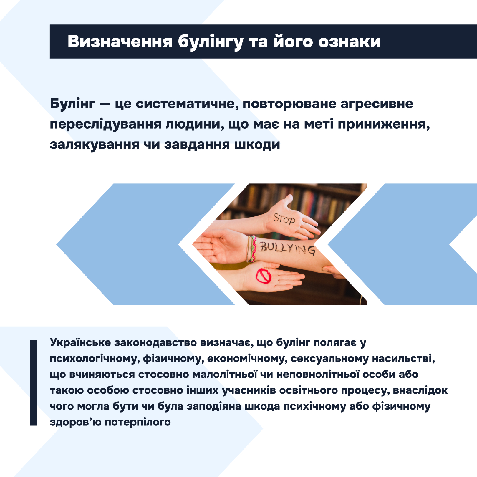 Заклади освіти мають забезпечувати безпечне середовище, запобігати насильству та дискримінації, своєчасно реагувати на випадки булінгу і надавати підтримку постраждалим. Порядок реагування передбачає, що працівники закладу освіти зобов’язані негайно припиняти небезпечні дії, у разі потреби викликати медичну допомогу, повідомляти керівництво, батьків та поліцію.