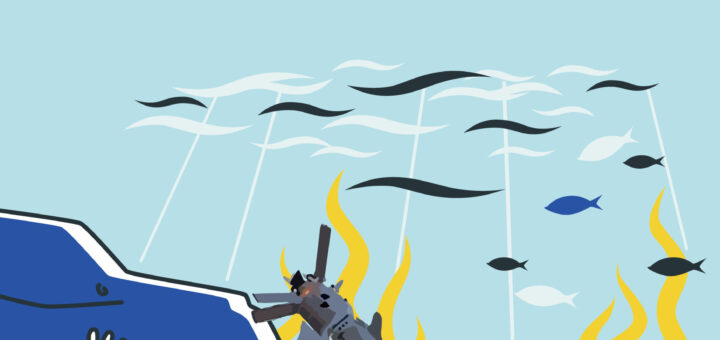 Плакат із підводною сценою: серед коралів і риб лежить затоплена ракета. На тлі — текст українською: «Війна створює загрозу для морських екосистем: вплив російської агресії проти України на стан Чорного моря». Атмосфера — тривожна, з акцентом на екологічні наслідки війни.