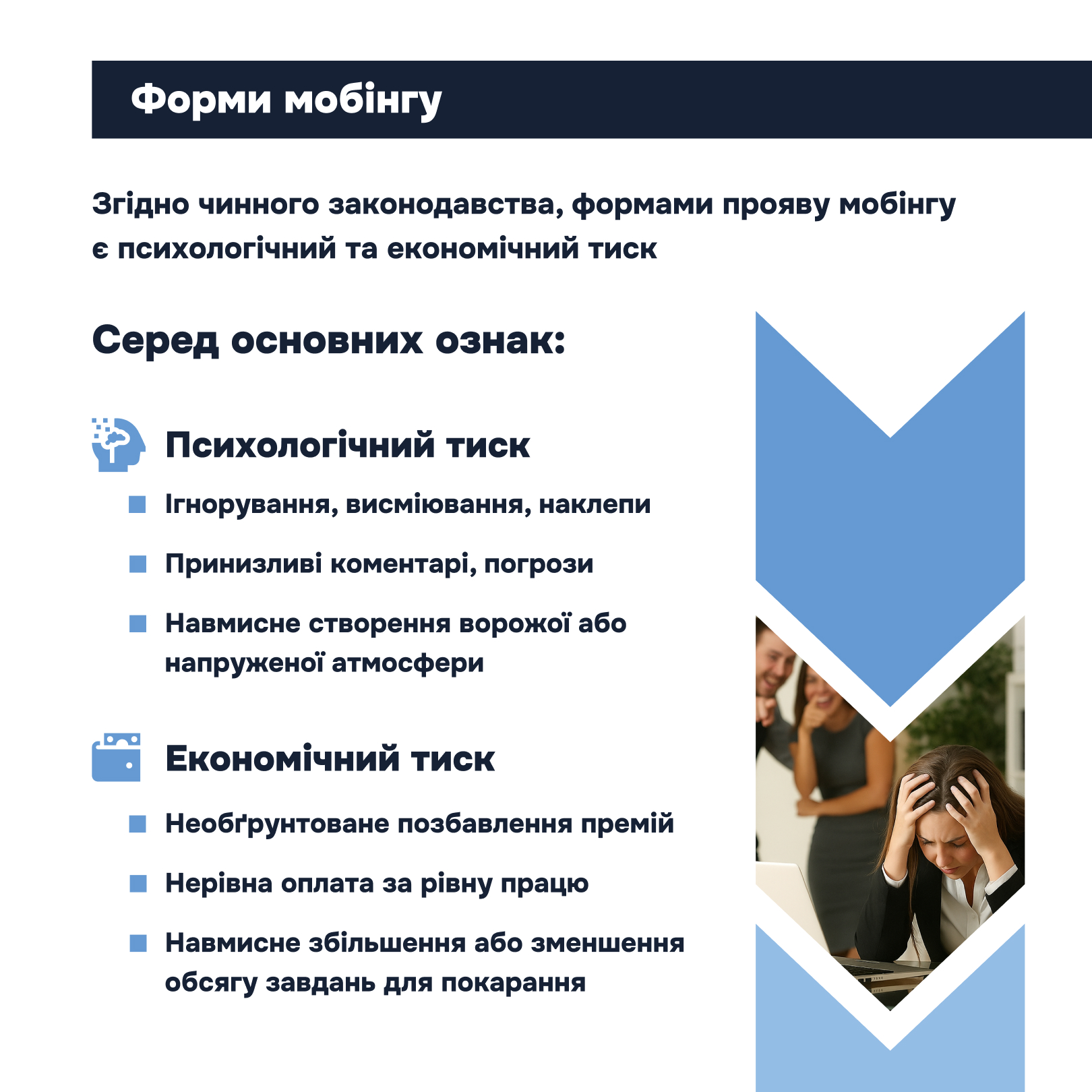 Відповідно до статті 2-2 Кодексу законів про працю України (КзпП), мобінг (цькування) — це систематичні тривалі умисні дії або бездіяльність роботодавця, окремих працівників або групи працівників, спрямовані на приниження честі, гідності та ділової репутації працівника.
