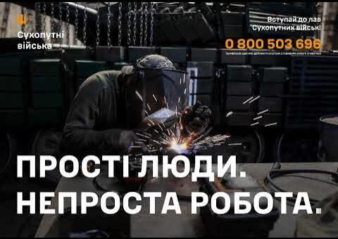 Людина в захисному спорядженні — масці та рукавицях — виконує зварювальні роботи. Видно яскраві іскри. У фоні — металеві конструкції та ланцюги. На зображенні є текст українською: «Прості люди. Непроста робота. Вступай до лав Сухопутних військ!» і номер телефону з поясненням, що дзвінки безкоштовні.