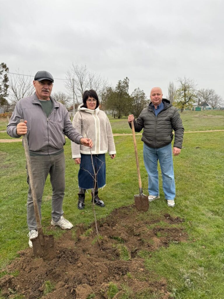 Троє дорослих стоять на трав’янистому полі біля щойно посадженого дерева. Двоє тримають лопати, третій — без інструментів. Земля навколо свіжа, на тлі — голі дерева та хмарне небо. 