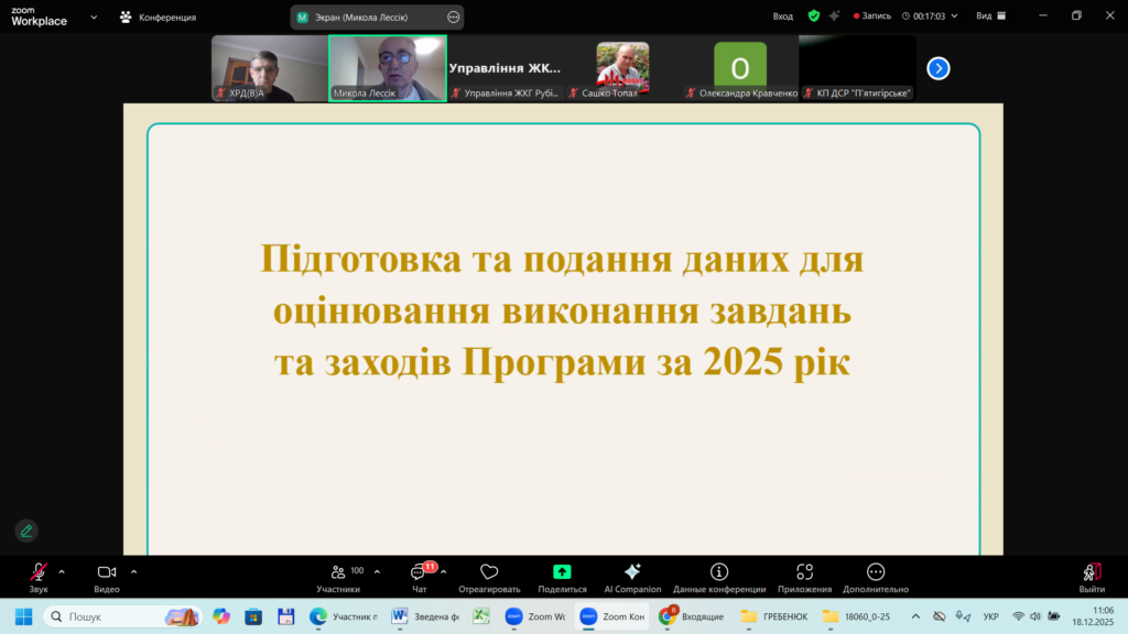 Скріншот Zoom-конференції. У центрі — презентаційний слайд українською з заголовком: «Підготовка та подання даних для оцінювання виконання завдань та заходів Програми за 2025 рік». У верхній частині — панель учасників