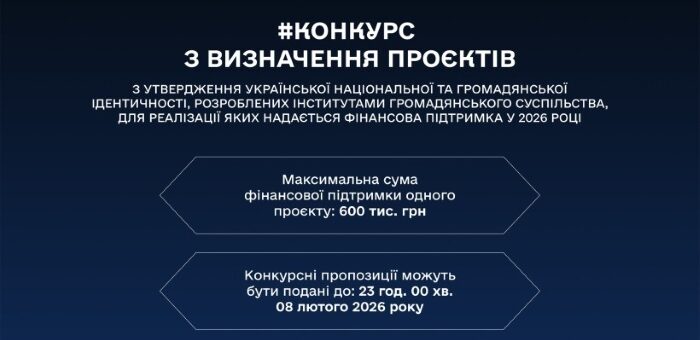 Інформаційний постер українською мовою. Угорі — логотип і назва «Міністерство молоді та спорту України». Основний текст — про конкурс на визначення проєктів, що утверджують українську національну та громадянську ідентичність, розроблених інститутами громадянського суспільства.