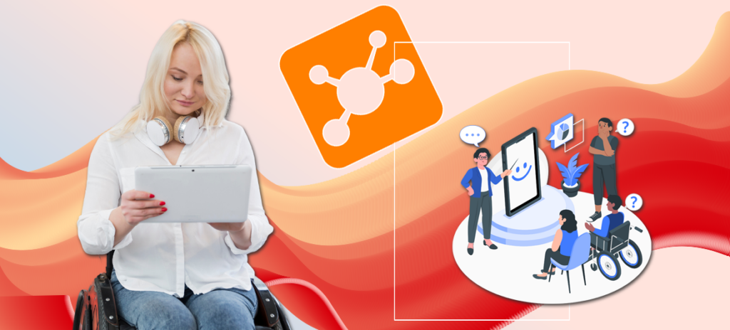 Жінка в білому светрі та джинсах сидить в інвалідному візку, тримає планшет. На шиї — навушники. Фон — хвилястий градієнт у червоно-оранжево-рожевих тонах. Угорі — помаранчева іконка з білою схемою, схожою на молекулярну структуру. Праворуч — ілюстрація групи людей, серед яких є персонаж у візку, всі зібрані навколо великого екрана смартфона. Один презентує, інші — слухають або ставлять запитання. 