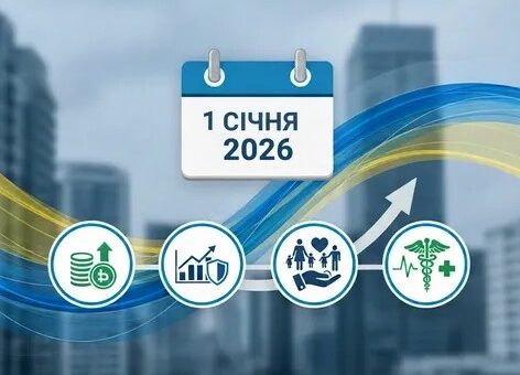 Стилізована іконка календаря з датою «1 січня 2026». На фоні — розмитий міський пейзаж із висотками. Через зображення проходить стрічка в синьо-жовтих кольорах, що нагадує український прапор. Унизу — чотири круглі піктограми: фінанси (монети з стрілкою вгору), економіка й безпека (графік із щитом), соціальний захист (фігурки родини з серцем), охорона здоров’я (медичний хрест із кардіолінією).