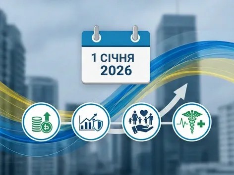 Стилізована іконка календаря з датою «1 січня 2026». На фоні — розмитий міський пейзаж із висотками. Через зображення проходить стрічка в синьо-жовтих кольорах, що нагадує український прапор. Унизу — чотири круглі піктограми: фінанси (монети з стрілкою вгору), економіка й безпека (графік із щитом), соціальний захист (фігурки родини з серцем), охорона здоров’я (медичний хрест із кардіолінією).
