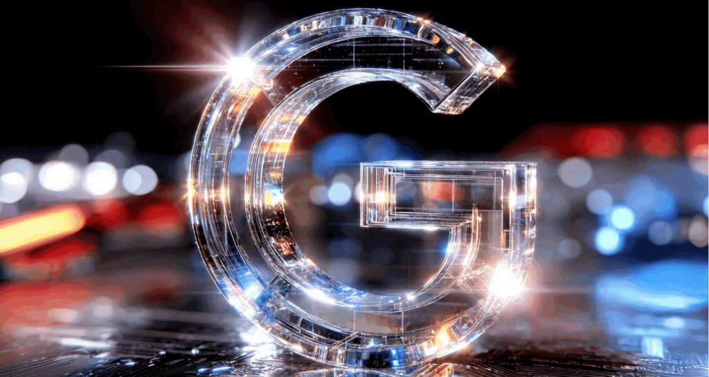 Велика прозора літера G зі скла, освітлена яскравими відблисками, на тлі розмитих кольорових вогнів та схожої на мікросхему поверхні