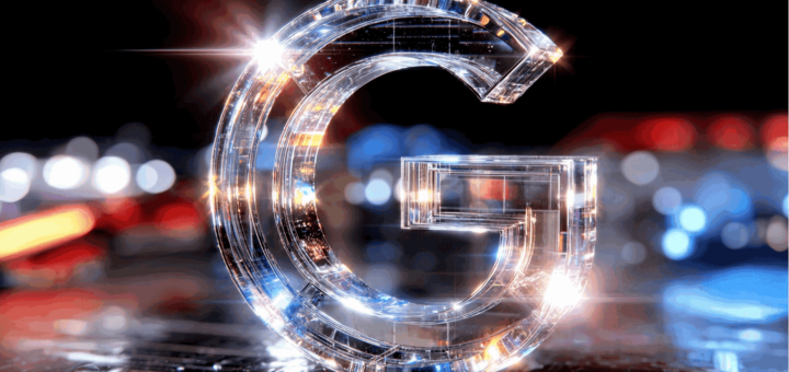 Велика прозора літера G зі скла, освітлена яскравими відблисками, на тлі розмитих кольорових вогнів та схожої на мікросхему поверхні