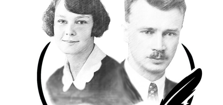 Чорно-білі портрети Олени Теліги та Олега Ольжича в рамці книги з пером унизу, напис про літературний конкурс