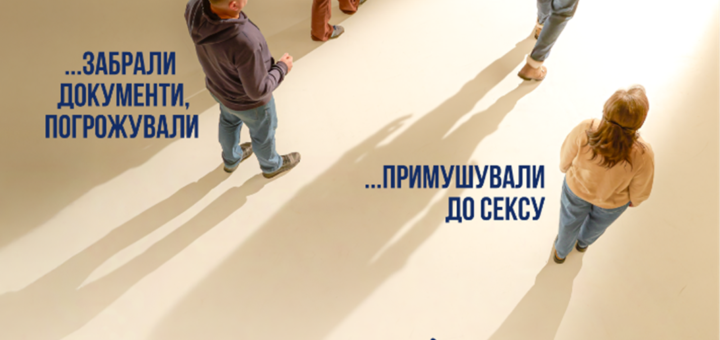 Соціальний постер із людьми та написами про експлуатацію, заклик телефонувати на гарячу лінію 527