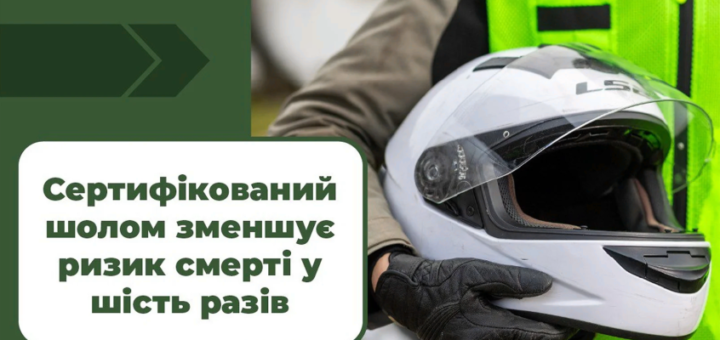 Людина у світловідбивному жилеті та чорних рукавичках тримає білий мотоциклетний шолом. На зображенні текст: «Сертифікований шолом зменшує ризик смерті у шість разів»
