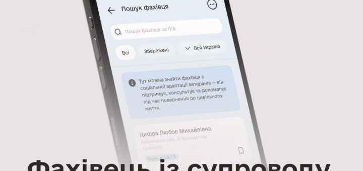 Екран смартфона з українським додатком для пошуку фахівців, показано інтерфейс із пошуковим рядком, фільтрами та списком спеціалістів