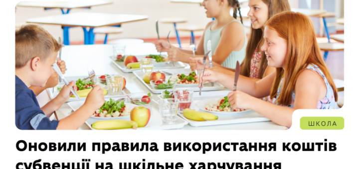 Діти сидять у шкільній їдальні за білими столами з блакитними стільцями, їдять здорову їжу — овочі, фрукти та інші страви. Текст українською: “Оновили правила використання коштів субвенції на шкільне харчування”