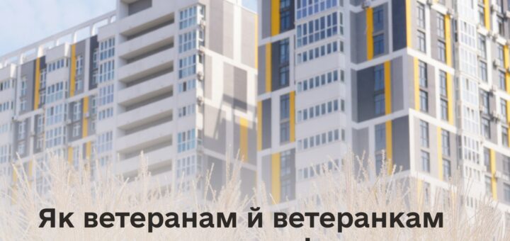 Сучасний житловий комплекс із білими, сірими та жовтими акцентами, на передньому плані висока трава. На зображенні розміщено текст українською про державну допомогу ветеранам для покриття оренди житла.