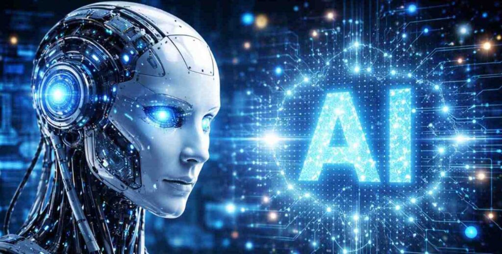 Футуристичний робот із сяючими очима поруч із великими літерами AI на фоні цифрових схем