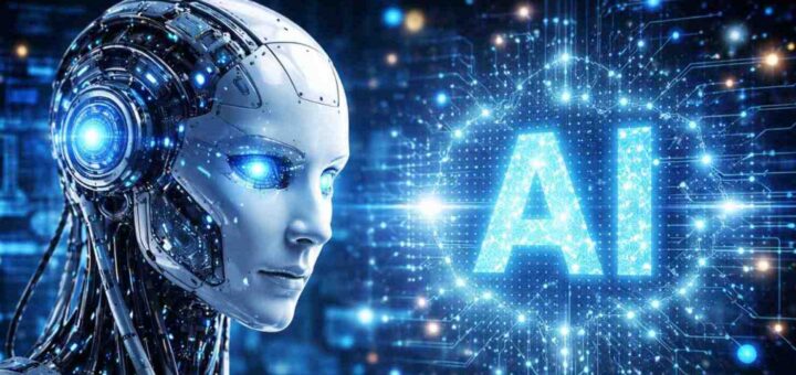 Футуристичний робот із сяючими очима поруч із великими літерами AI на фоні цифрових схем