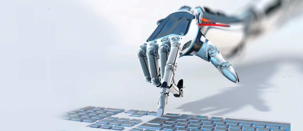 Роботизована рука натискає клавішу на підсвіченій клавіатурі