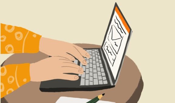 Ілюстрація людини за ноутбуком, на екрані значок конверта та текстові рядки