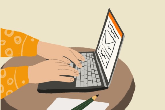 Ілюстрація людини за ноутбуком, на екрані значок конверта та текстові рядки