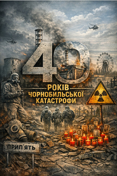 Малюнок із зруйнованим індустріальним пейзажем, димом і пожежами. Попереду свічки, фотографії, знак «Прип’ять». Люди в захисних костюмах серед руїн, угорі літають гелікоптери.