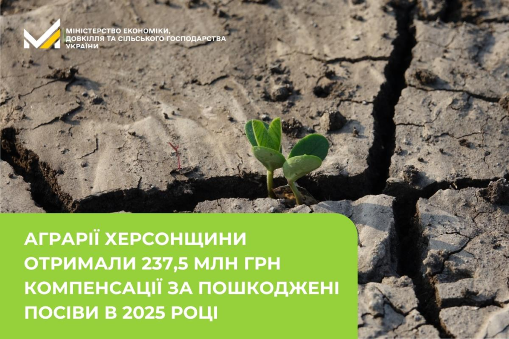 «Зелений паросток проростає крізь потрісканий ґрунт, поруч офіційний текст про компенсацію аграріям Херсонщини