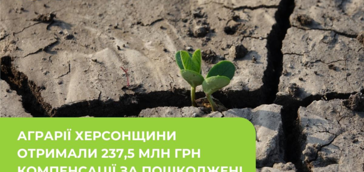 «Зелений паросток проростає крізь потрісканий ґрунт, поруч офіційний текст про компенсацію аграріям Херсонщини