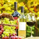 На дерев’яній поверхні стоїть плетений кошик, наповнений свіжим виноградом — зеленим і фіолетовим. Поруч дві пляшки вина: одна з темно-червоним, інша зі світлим напоєм. Біля них — келих із червоним вином. На задньому плані — зелені виноградні лози, освітлені теплим сонячним світлом