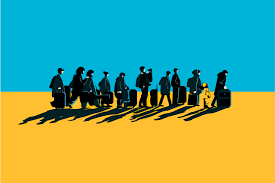 Силуети людей із багажем рухаються праворуч на фоні синьо-жовтого поля, тіні простягаються позаду